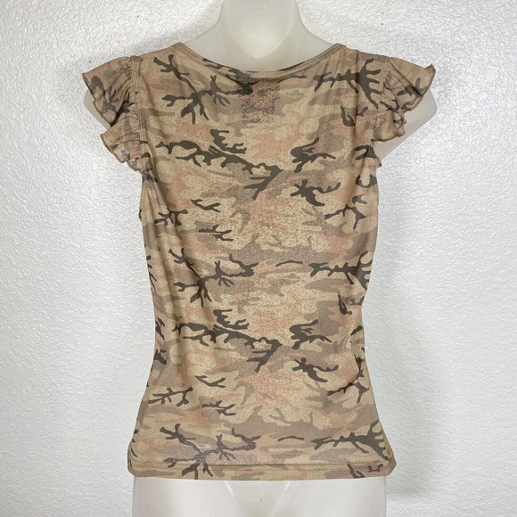 No Boundaries Y2K Top Womens Medium Juniors Camo Semi Sheer V Neck 2000s Blouse - Picture 2 of 8